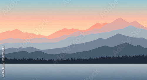 Minimalist mountain landscape illustration with layers and vibrant sunset colors