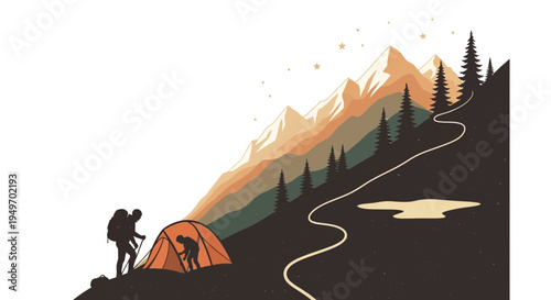 Mountain camp illustration hikers setting up tent under majestic peaks