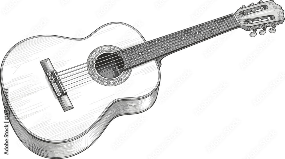 Fototapeta premium Detailed black and white illustration of a classical acoustic guitar, showcasing intricate strings, soundhole, and fretboard, perfect for music-themed projects and artistic uses