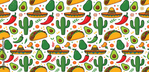 Vibrant and Festive Mexican Seamless Pattern with Sombreros, Tacos, Avocados, and Cacti, Perfect for Cinco de Mayo Celebrations and Cultural Events
