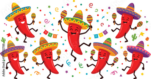 Spicy Celebration Animated Red Chili Peppers in Sombreros Dance with Maracas Amidst Colorful Confetti and Festive Banners, Creating a Joyful Mexican Fiesta Scene