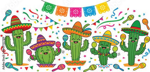 Happy Cactus Characters Wearing Sombreros and Celebrating with Maracas and Confetti, Vector Illustration