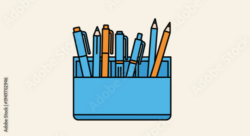 Vibrant pencilcase illustration of colorful stationery in a cheerful workspace, sky-blue case with bright pencils and pens