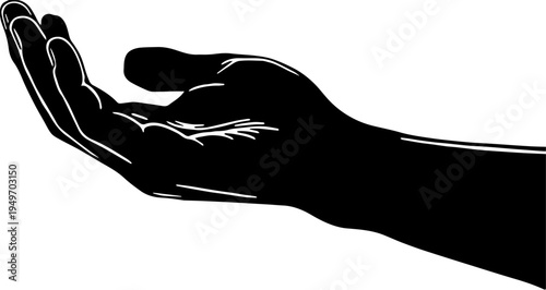 Minimalist black silhouette of an open human hand palm reaching out or begging gesture isolated on white background
