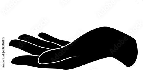 Minimalist black silhouette of an open human hand palm facing up isolated on white background