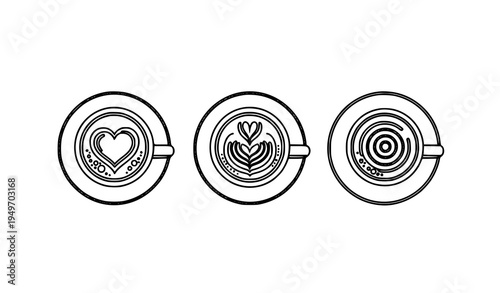 Simple Coffee Cup Top View Icon Set Minimal Outline Beverage Symbols Vector Isolated on White