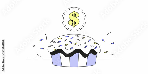 Large pink frosted cake with colorful sprinkles and a yellow dollar sign representing profit sharing or market share.