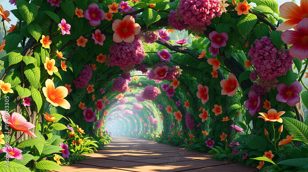 Fototapeta premium Magical 3D Fantasy Forest Path Through a Lush Tunnel of Vibrant Blossoms and Green Vines with Soft Cinematic Lighting