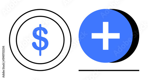 Financial growth. Blue dollar sign and plus symbol concepts of money, profit, and value addition. Financial growth for investments, banking, business, savings, and revenue models