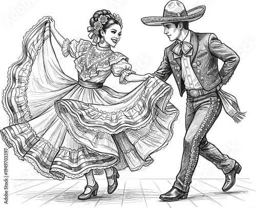 Traditional Mexican folk dancers in colorful attire performing a lively dance on a patterned floor