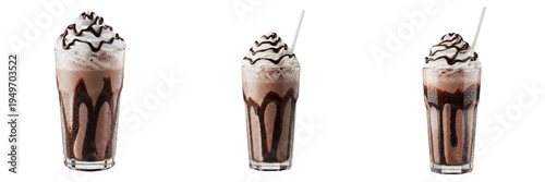 Photos Set of chocolate milkshake frappes with whipped cream and syrup drizzle isolated