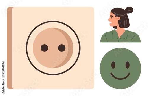 Communication, positivity, mental health, emotions, self-expression, human connection. A female face, green happy and circular icon side by side. Positivity and self-expression