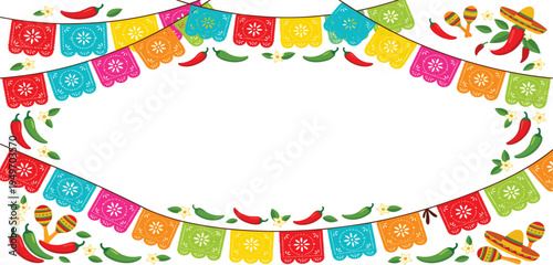 Fiesta Banner with Colorful Papel Picado, Jalapenos, and Maracas - Festive Mexican Celebration Decoration