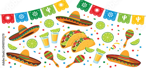 Traditional Mexican Fiesta Celebration with Sombreros, Tacos, Limes, and Maracas, Festive Decorations and Confetti