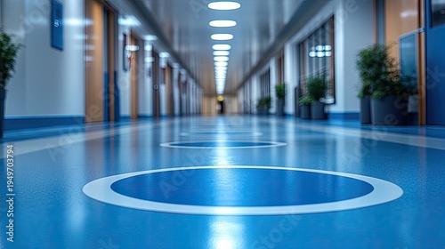 Empty modern public corridor with blue floor guiding sign, perspective view of hospital or office hallway with potted plants and bright ceiling lights