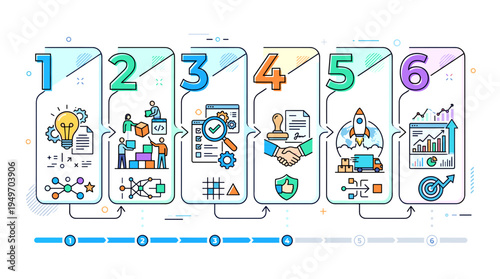 Sequential business development process flow from initial concept to successful launch and continuous improvement, illustrating project management stages with modern icons