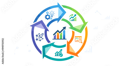 Business growth cycle and analytics illustration, symbolizing progress and data-driven decision making for company development