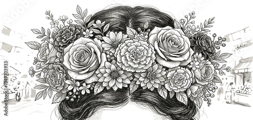 A Close-Up Pencil Sketch of a Woman's Head Adorned with a Detailed Floral Crown in Black and White