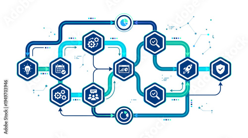 An abstract illustration of a business process flow chart with interconnected nodes and icons representing different stages of a project lifecycle and workflow management