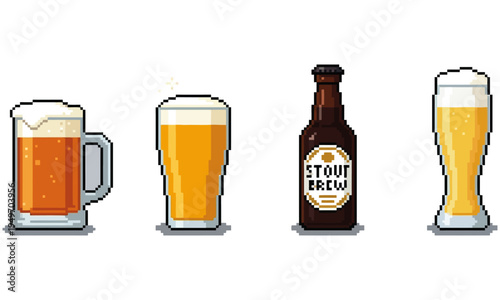 A charming pixel art collection of classic beer types a traditional mug, a tall pint glass, a dark stout bottle, and a crisp pilsner, ideal for retro game themes and digital designs