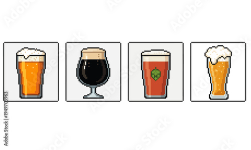 A diverse collection of pixel art beverage illustrations, showcasing various beer types in classic glasses, offering a retro aesthetic for digital design projects and themed content