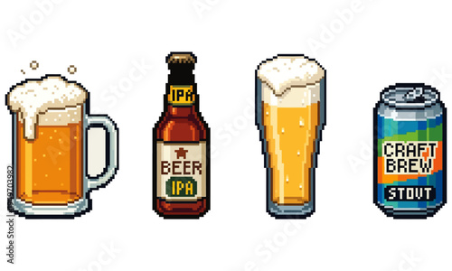 A delightful pixel art collection featuring various refreshing beer beverages. Includes a frothy mug, classic bottle, elegant pint glass, and modern brew can for retro game assets