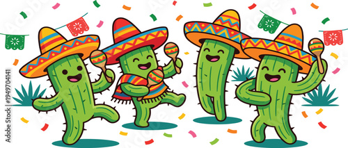 Cute Cartoon Cacti Wearing Sombreros Dancing and Playing Maracas with Festive Decorations