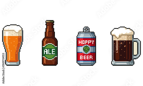 Collection of pixel art beverage icons representing beer in various containers glass, bottle, can, and mug