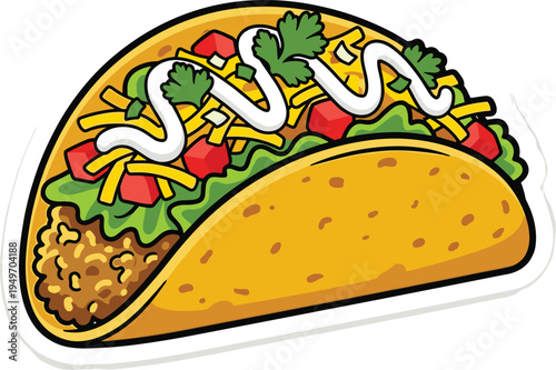 A colorful cartoon drawing of a classic hard-shell taco, packed with seasoned meat, fresh lettuce, cheese, tomatoes, and creamy sour cream. Ideal for menus, food blogs, or culinary graphics
