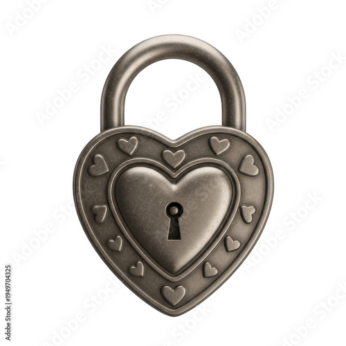 A vintage heart-shaped lock with intricate heart patterns and a keyhole in the center. isolated on transparent background