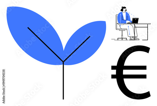 Sustainability concept. Sustainability through a plant symbol, technology use with a person on a laptop, and economic focus with the Euro symbol. For eco-tech, finance, and innovation