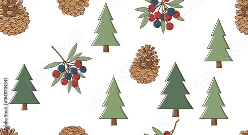 christmas tree pine cone berry winter seamless pattern