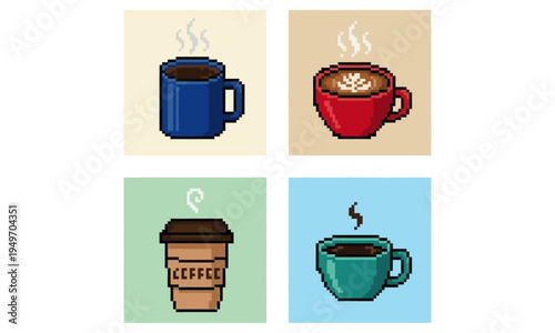 A charming concept of pixel art hot beverages, featuring various coffee and tea drinks in mugs and cups, rendered in a retro 8-bit digital style