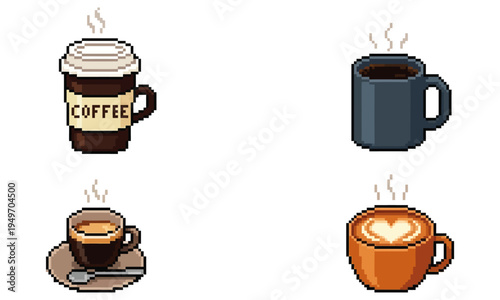 Pixel art collection of steaming hot coffee cups and mugs in various styles and colors, perfect for digital designs and food-themed projects
