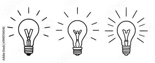 Light bulb set with glowing icon centered on light gray background featuring thick dark gray line art, radiating strokes, minimalist with neutral palette and modern flat