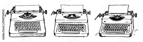 Vintage typewriter set with sketchbook style drawing featuring digital screen, retro-futurism theme, artistic textures with white background and illustration