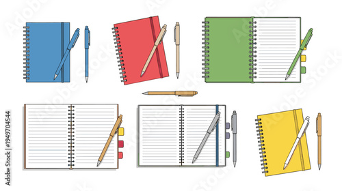 Comprehensive Vector Set of Colorful Spiral Notebooks and Open Diaries with Pens and Elastic Bands for Educational Planning Creative Writing and Office Workspace Design