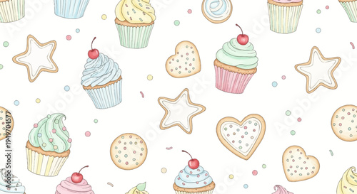 Colorful cupcakes and cookies illustration on white background