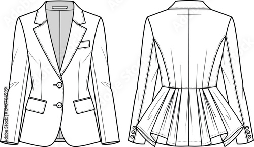 Women Blazer Fashion Technical Flat Sketch Template with Peplum Pleated Back Two Button Front and Long Sleeves for Apparel Design