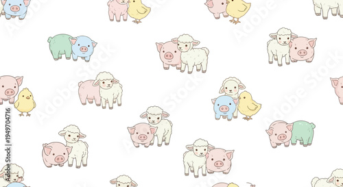 Cute farm animals seamless pattern sheep pigs and chickens pastel colors
