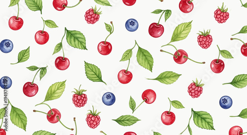 Watercolor illustration of mixed berries and leaves on white background seamless pattern