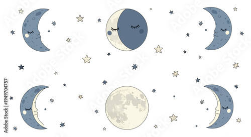 Cute cartoon moon phases with sleeping faces and stars in the night sky