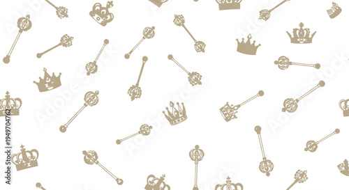 Golden crowns and scepters on white background royal symbols pattern