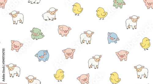 Cute farm animals pattern with sheep pigs and chicks on white background