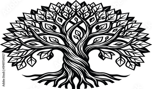 Tree of life ornamental silhouette with detailed leaves sacred nature symbol decorative botanical vector illustration isolated design