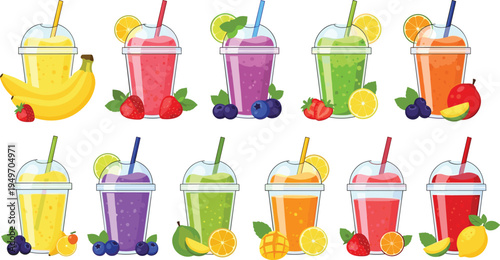 Fresh Tropical Fruit Smoothie Vector Set Featuring Mango Strawberry Blueberry Kiwi and Orange Shakes in Plastic Cups for Healthy Summer Beverage Refreshment Design