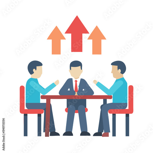 Three businessmen thinking at a table as their ideas merge into a single red arrow pointing upwards toward major growth.