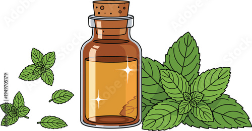 Pure Peppermint Essential Oil in Amber Glass Bottle with Fresh Green Mint Leaves for Aromatherapy, Natural Wellness, Herbal Skincare, and Holistic Health Design