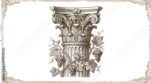 Vintage Corinthian column with grape vine engraving antique architectural ornament frame classical illustration decorative retro vector design