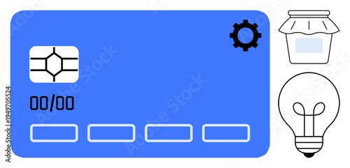 Digital payment concept. Features a digital card with a chip and icons for ideas and innovation. Digital payment systems ensure secure transactions. For finance, innovation, e-commerce, security